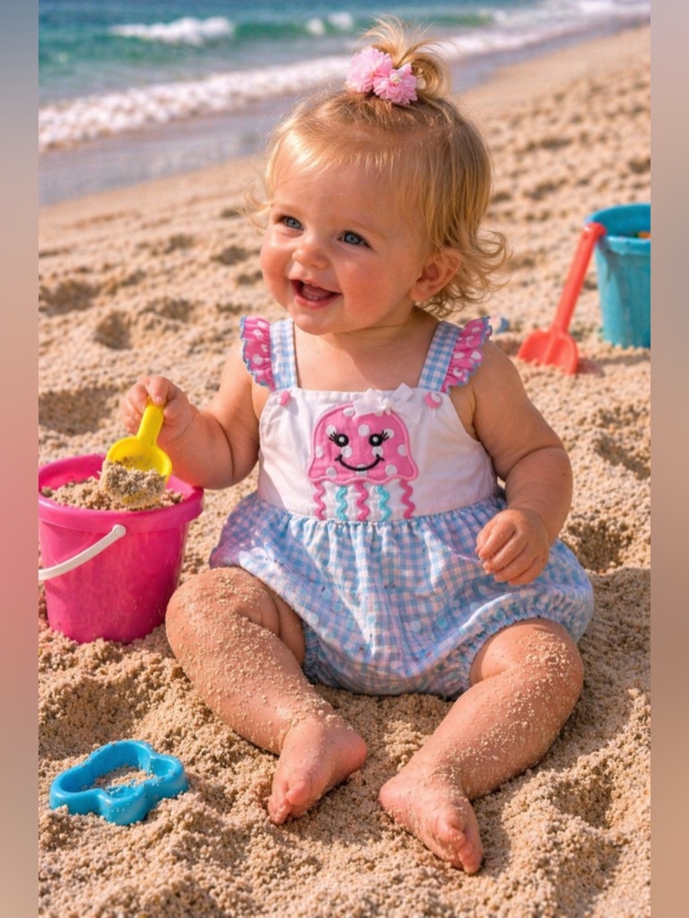 Stellybelly Size 18 Months Vintage-Style Pink & Blue Jellyfish Bubble Romper